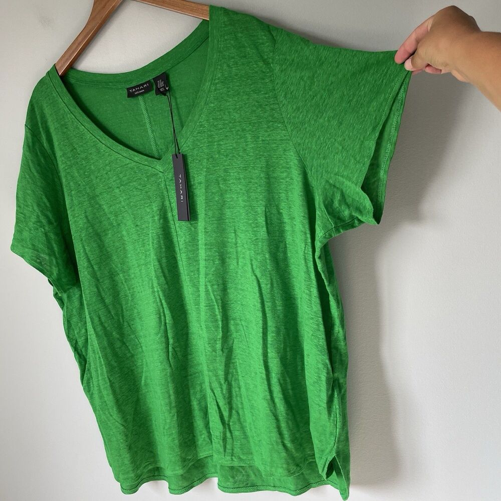 Tahari 100% Linen Blouse Top V Neck Short Sleeve Green Women's Size 3X - Picture 5 of 11